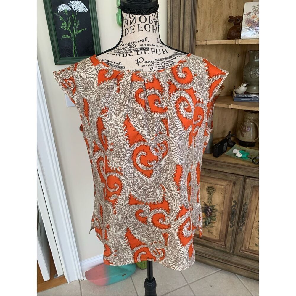 Talbots Button Back Sleeveless Top Orange Paisley Print Satin Tank